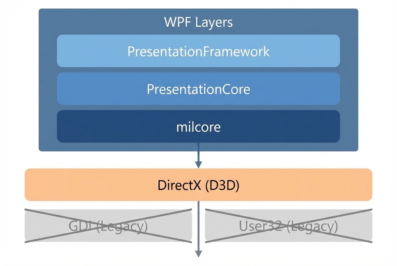 System Flow แสดงสถาปัตยกรรมภาพรวมของ WPF ที่หลอมรวม UI, Media, 2D, 3D ลงบน DirectX