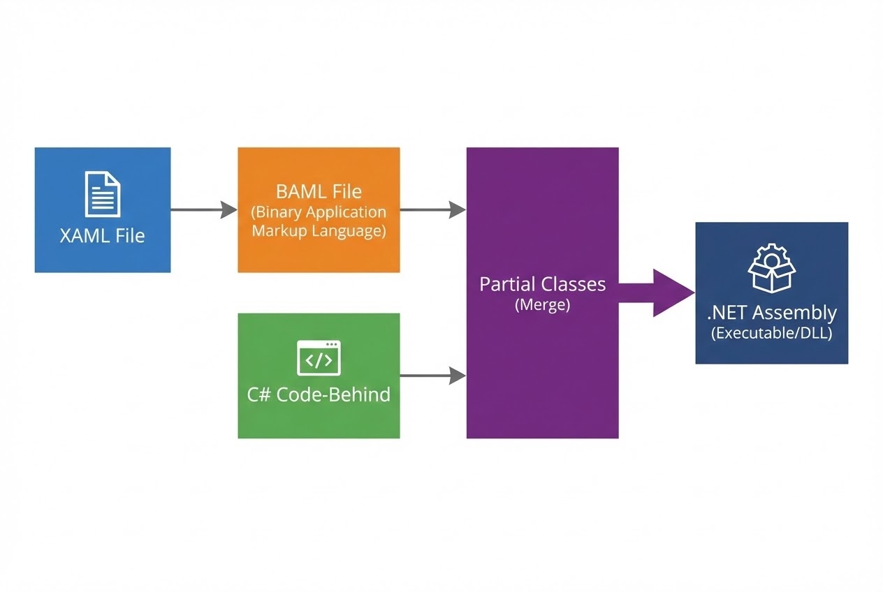 System Flow แสดงกระบวนการ Compile XAML ไปเป็น BAML และรวมกับ Code-Behind