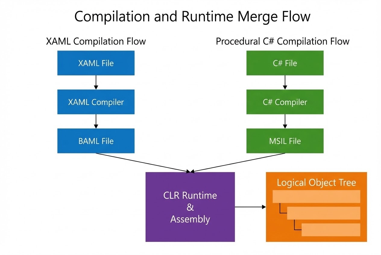 ภาพ System Flow เปรียบเทียบการทำงานระหว่าง XAML และ C#