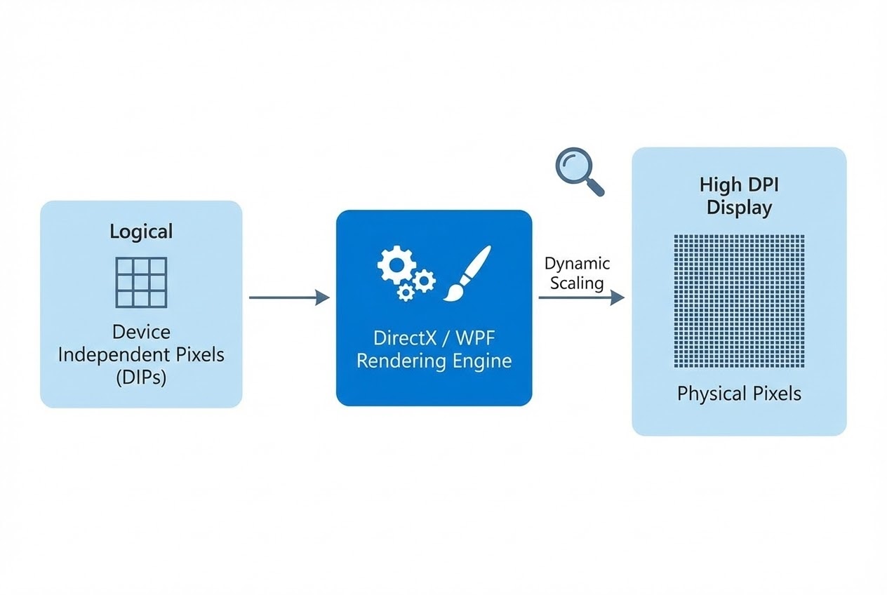 ภาพ System Flow แสดงการแปลงหน่วย DIPs ผ่าน WPF Engine และ DirectX ไปเป็น Physical Pixels บนจอความละเอียดต่างๆ