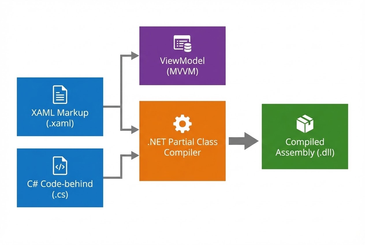 ภาพ System Flow การทำงานร่วมกันระหว่าง XAML, Code-behind ผ่าน Partial Class และการย้ายลอจิกสู่ MVVM