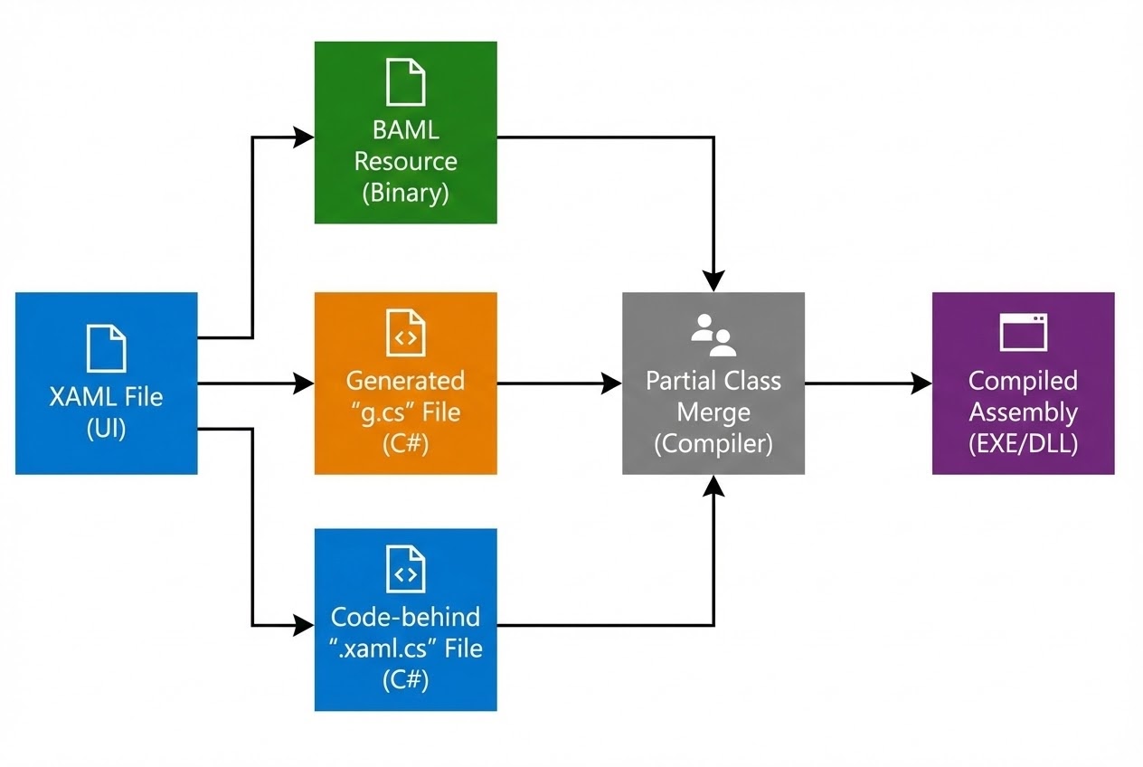 ภาพ System Flow แสดงกระบวนการคอมไพล์ XAML ไปเป็น BAML และ .g.cs ก่อนจะรวมร่างกับ Code-behind เป็น Assembly เดียว