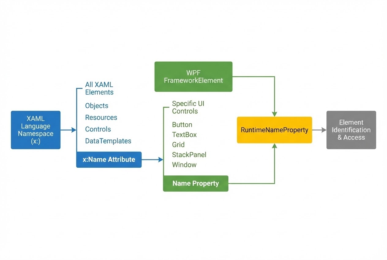 ภาพ System Flow เปรียบเทียบการทำงานของ x:Name และ Name ที่เชื่อมต่อกันด้วย RuntimeNameProperty