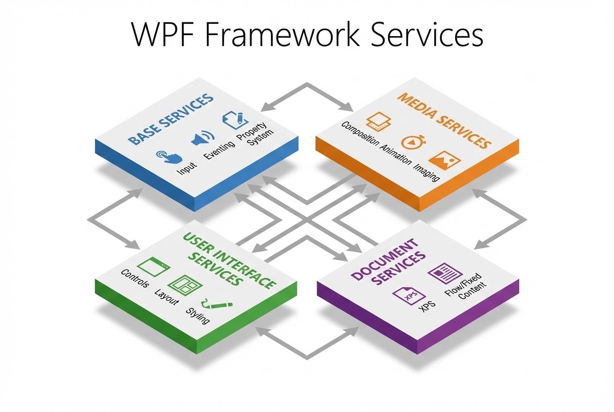 ภาพสถาปัตยกรรมของ WPF Framework ที่แบ่งเป็น 4 เสาหลัก: Base, Media, UI และ Document