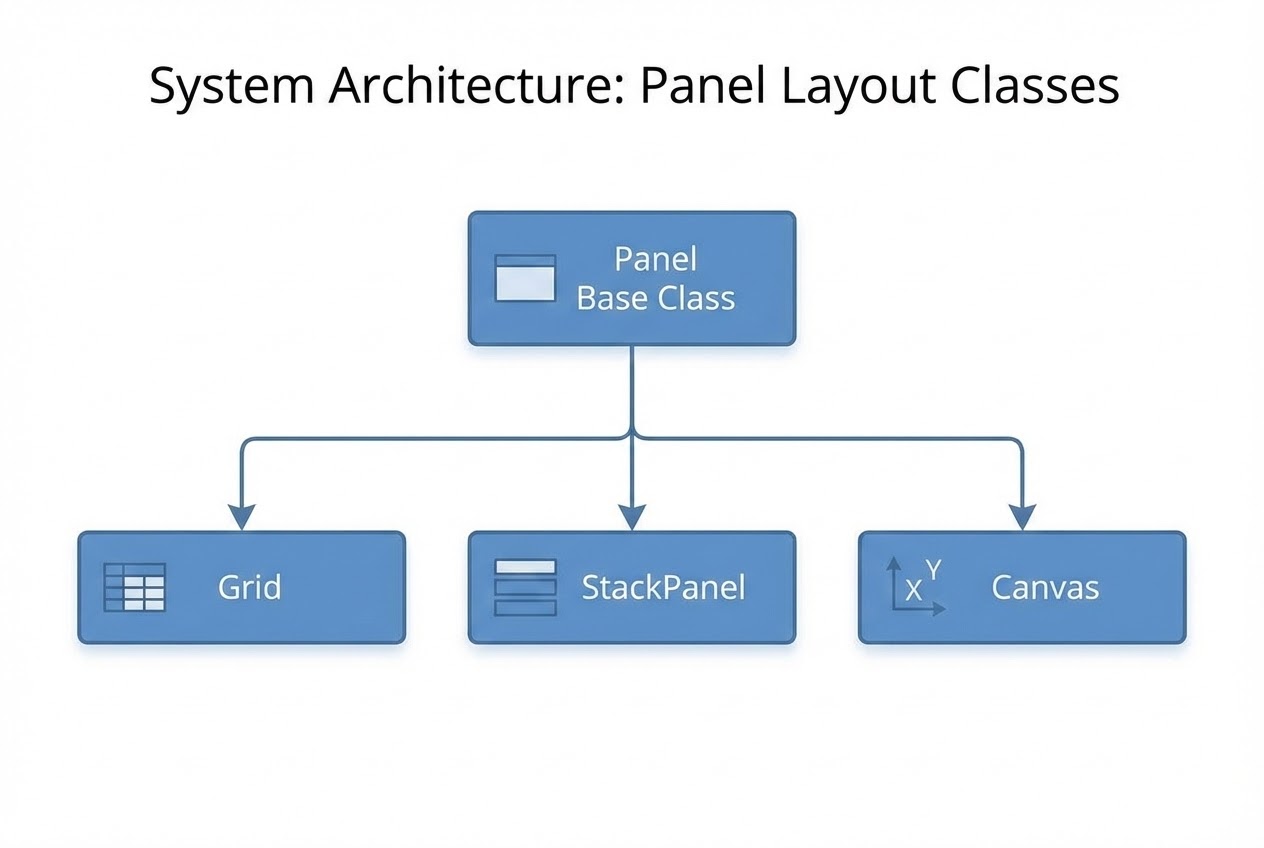 ภาพ System Flow แสดงการสืบทอดคลาสของ Panel และรูปแบบของ Grid, StackPanel, Canvas