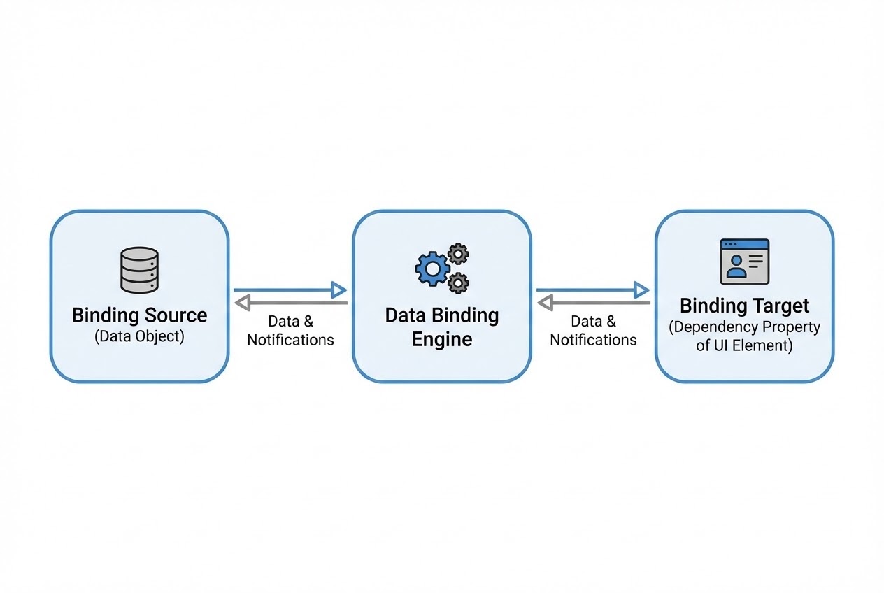 ภาพ System Flow ของ Data Binding Engine ที่เชื่อมระหว่าง Dependency Property และ Data Object