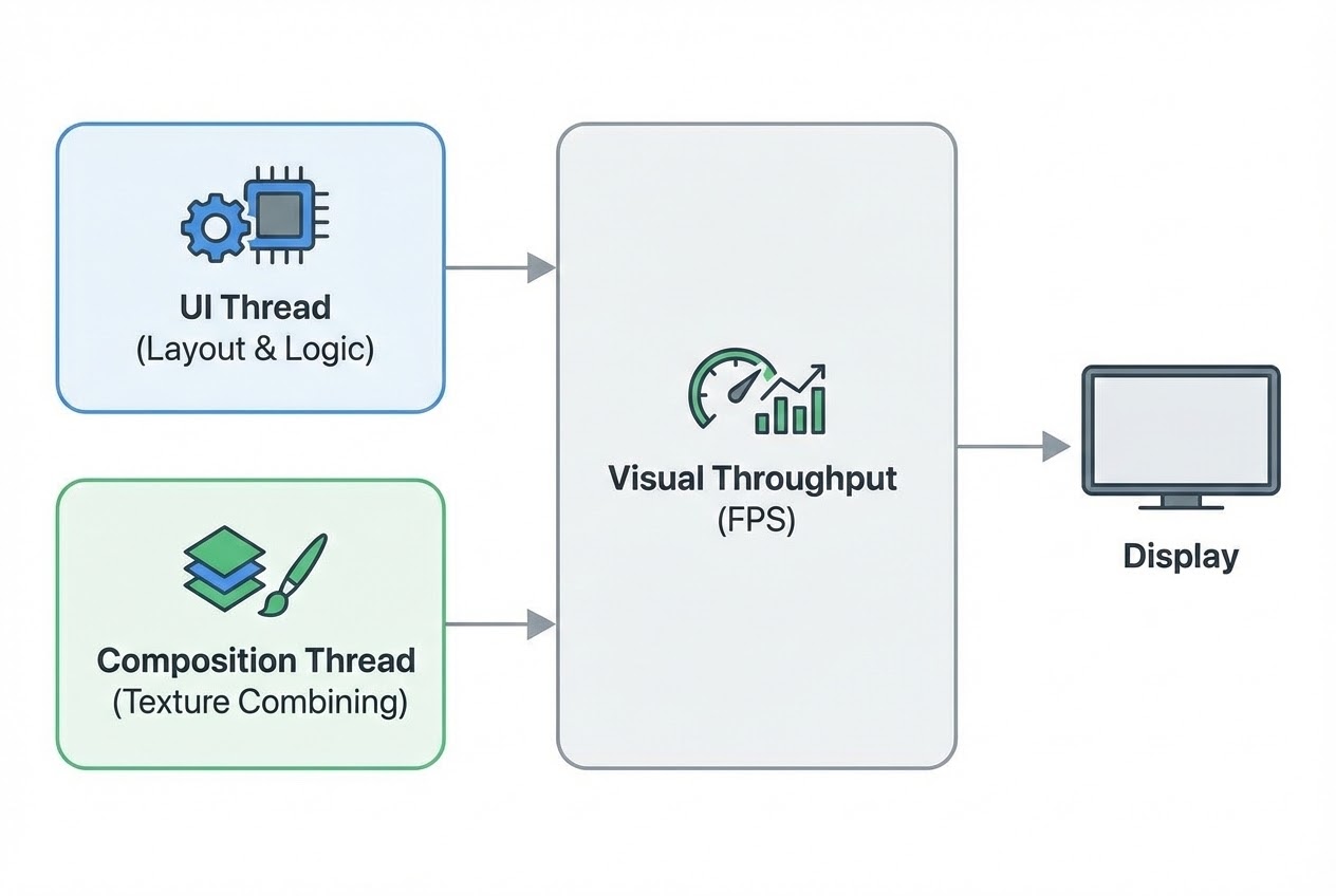 System Flow เปรียบเทียบการทำงานระหว่าง UI Thread และ Composition Thread ที่ส่งผลต่อ Visual Throughput