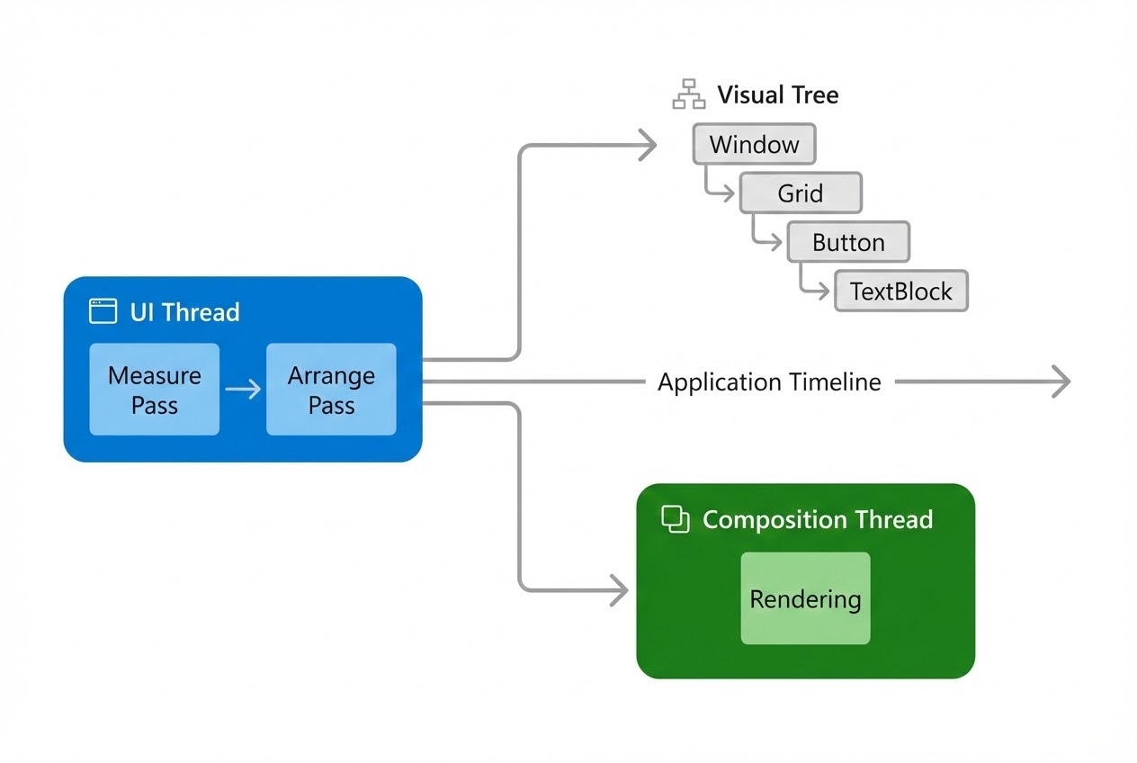 ภาพ System Flow แสดงขั้นตอน Layout (Measure และ Arrange) สู่กระบวนการ Rendering ใน Timeline Details
