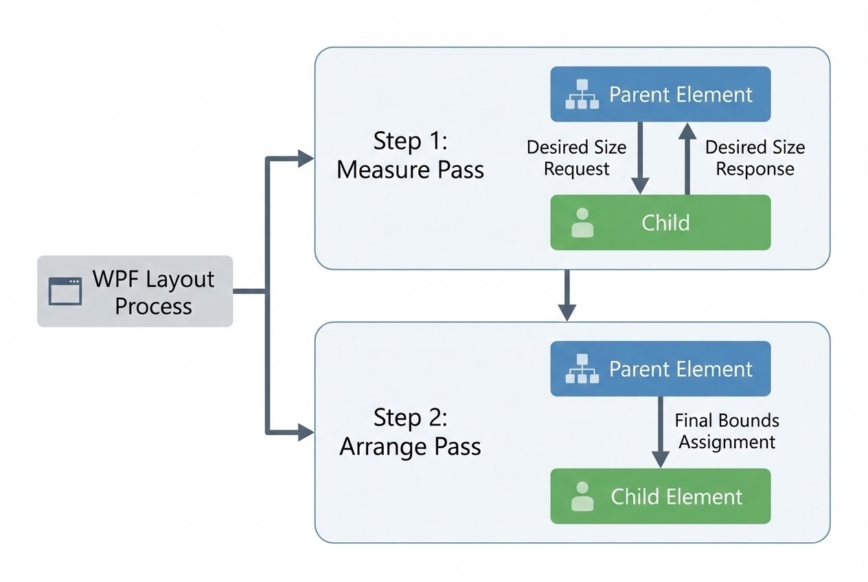 ภาพ System Flow แสดงขั้นตอน Measure และ Arrange ของระบบ Layout ใน WPF