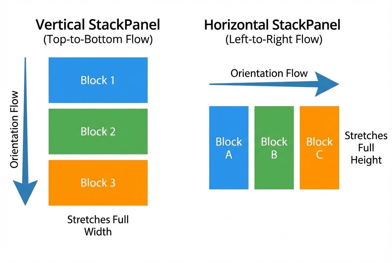 ภาพ System Flow เปรียบเทียบการทำงานของ StackPanel แบบ Vertical และ Horizontal