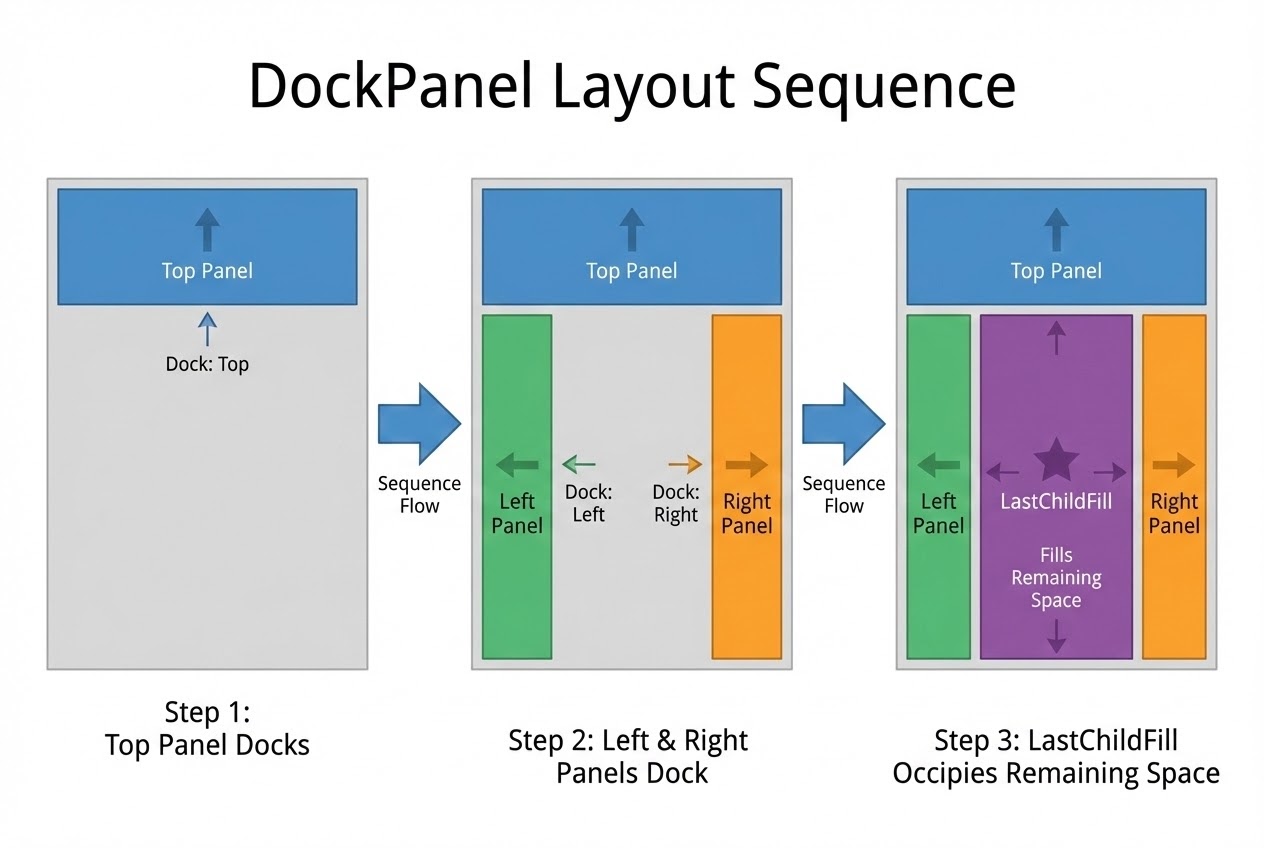 ภาพ System Flow แสดงการทำงานของ DockPanel ตามลำดับการประกาศ XAML และพื้นที่ LastChildFill
