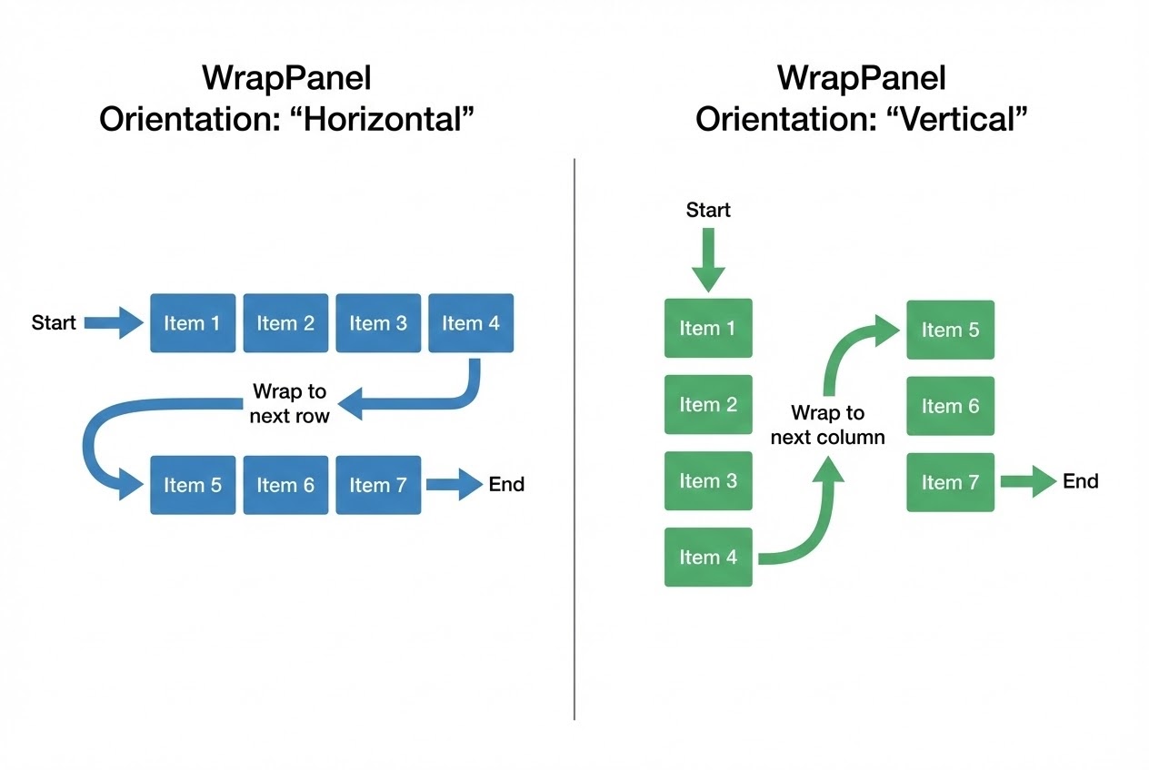 ภาพ System Flow เปรียบเทียบการทำงานระหว่าง Orientation แบบ Horizontal และ Vertical ใน WrapPanel