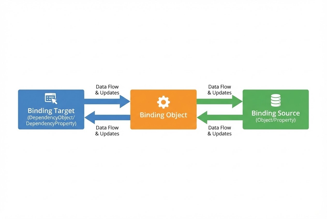 ภาพ System Flow แสดงสถาปัตยกรรมของ Data Binding ระหว่าง Source และ Target