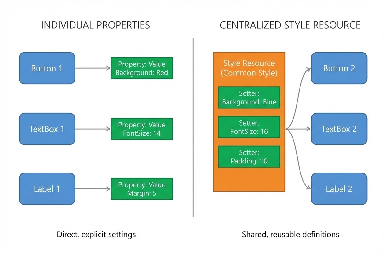 ภาพ System Flow เปรียบเทียบการตั้งค่าทีละปุ่ม กับการใช้ Style Resource แบบรวมศูนย์