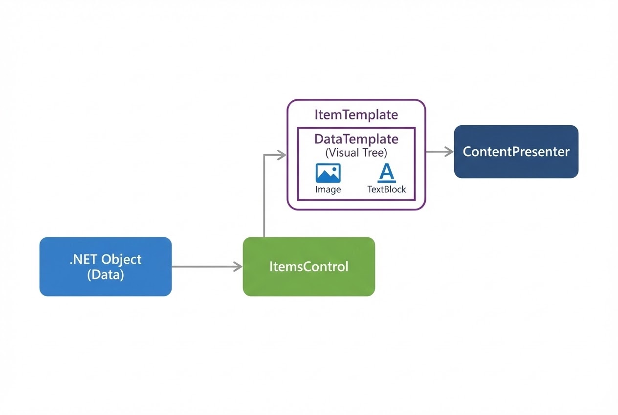 ภาพ System Flow การทำงานของ DataTemplate ผ่าน ItemsControl และ ContentPresenter