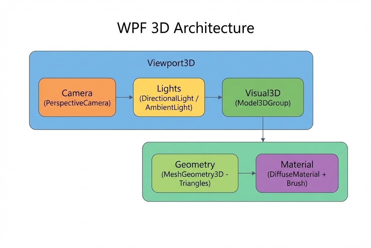 ภาพ System Flow โครงสร้างของ Viewport3D, กล้อง, แสง, และโมเดล 3 มิติ