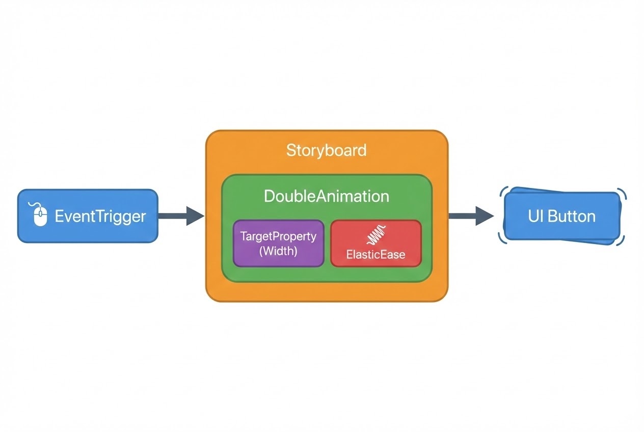 ภาพ System Flow แสดงการทำงานของ EventTrigger ไปสู่ Storyboard และการใช้ Easing Function กับเป้าหมาย