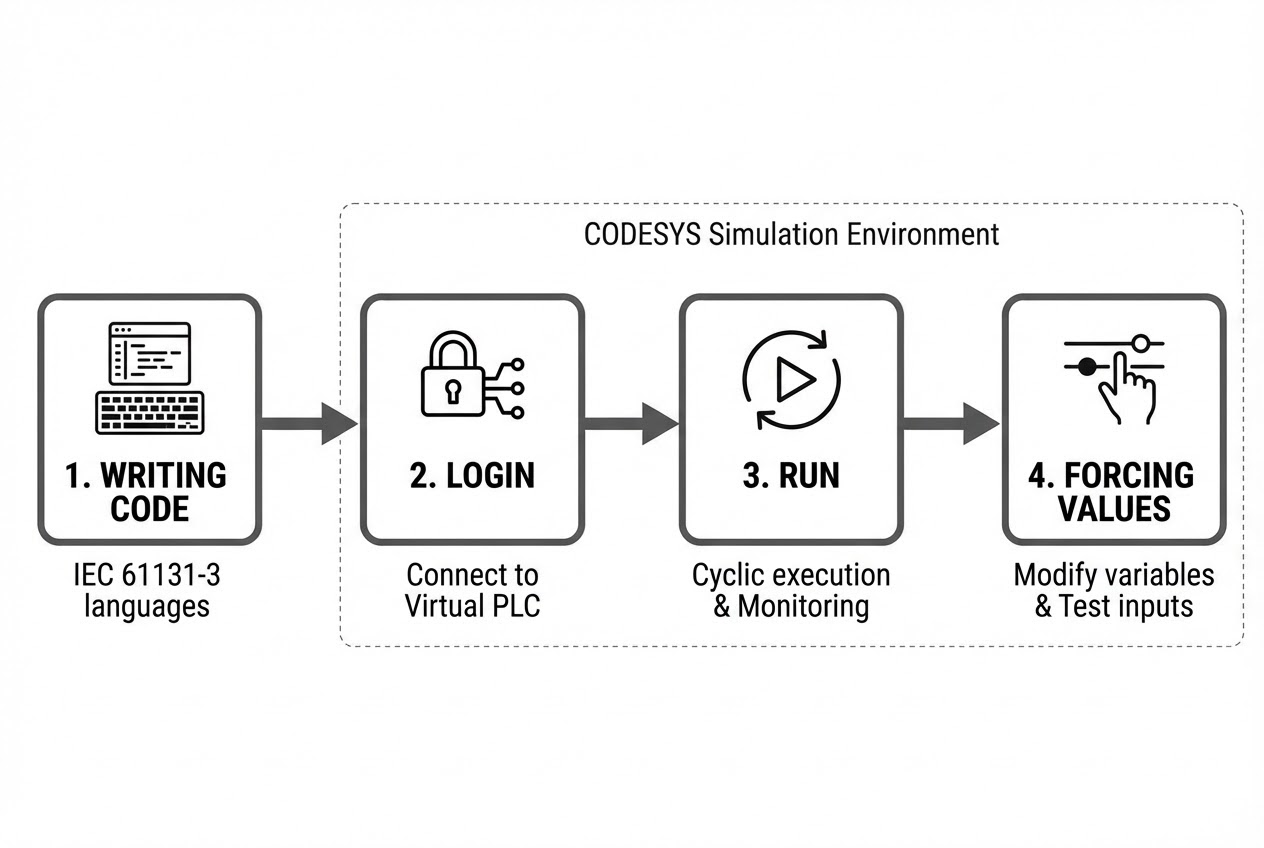 ภาพ Flow การทำงานของ Simulation Mode ใน CODESYS