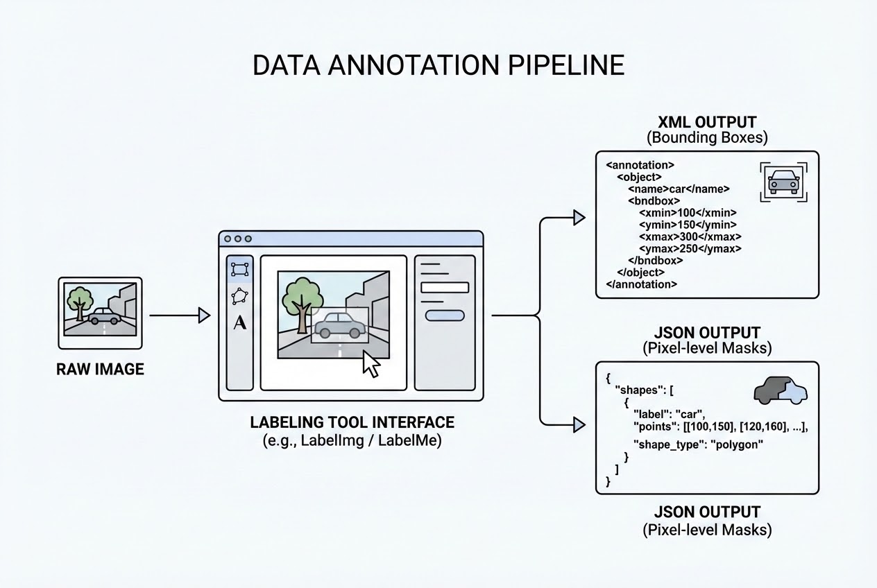 แผนภาพแสดงการทำ Data Annotation ด้วย Bounding Box และ Pixel-level Mask