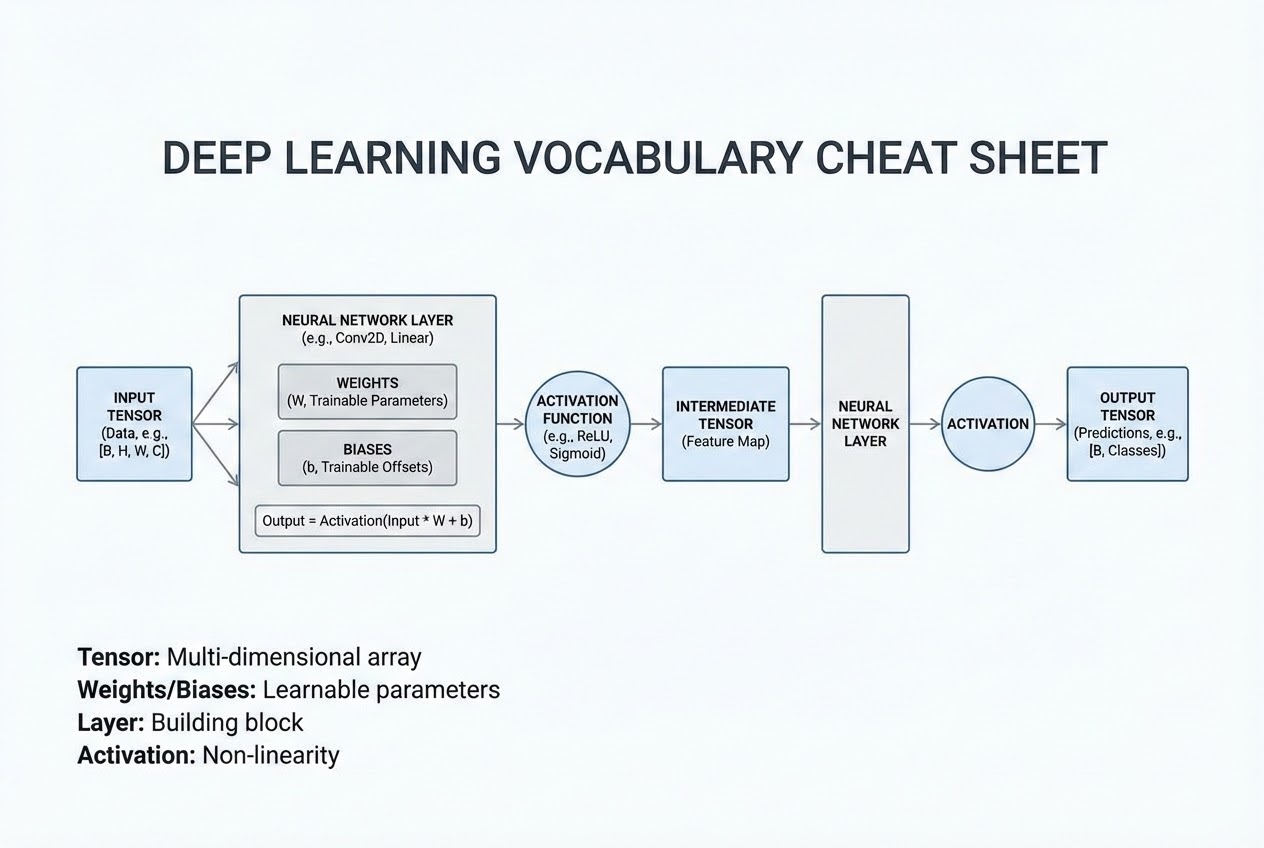 รูปประกอบ การไหลของ Tensors เข้าสู่ชั้น Neural Network พร้อมการปรับ Weights และ Biases ตลอดหลาย Epochs