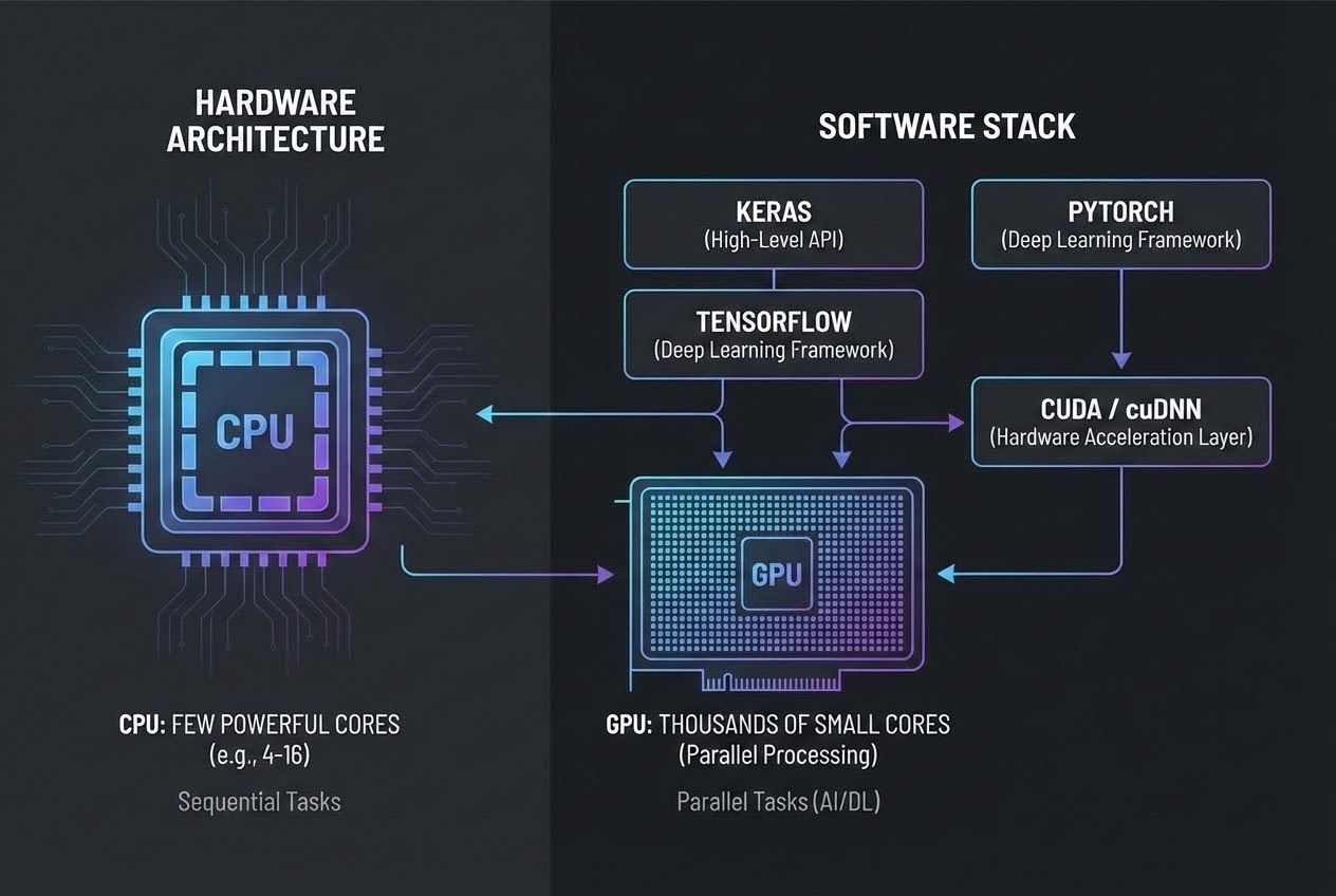 รูปประกอบ โครงสร้างการทำงานของ Software Frameworks ลงไปสู่ CUDA และ Hardware GPU