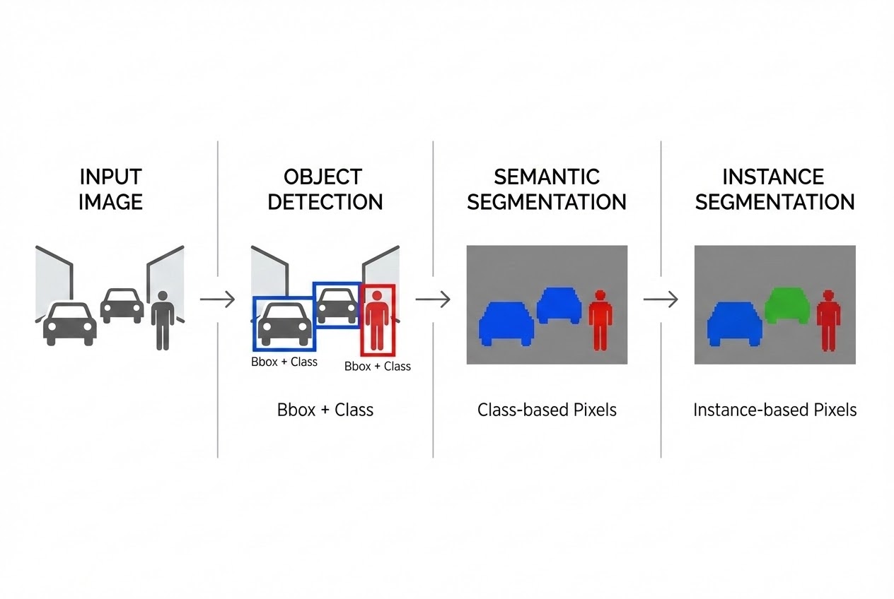 ภาพเปรียบเทียบ Object Detection, Semantic Segmentation และ Instance Segmentation