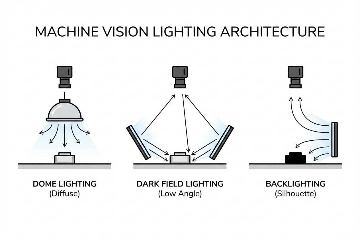แผนภาพแสดงการเดินทางของแสงในเทคนิค Dome, Dark Field และ Backlight