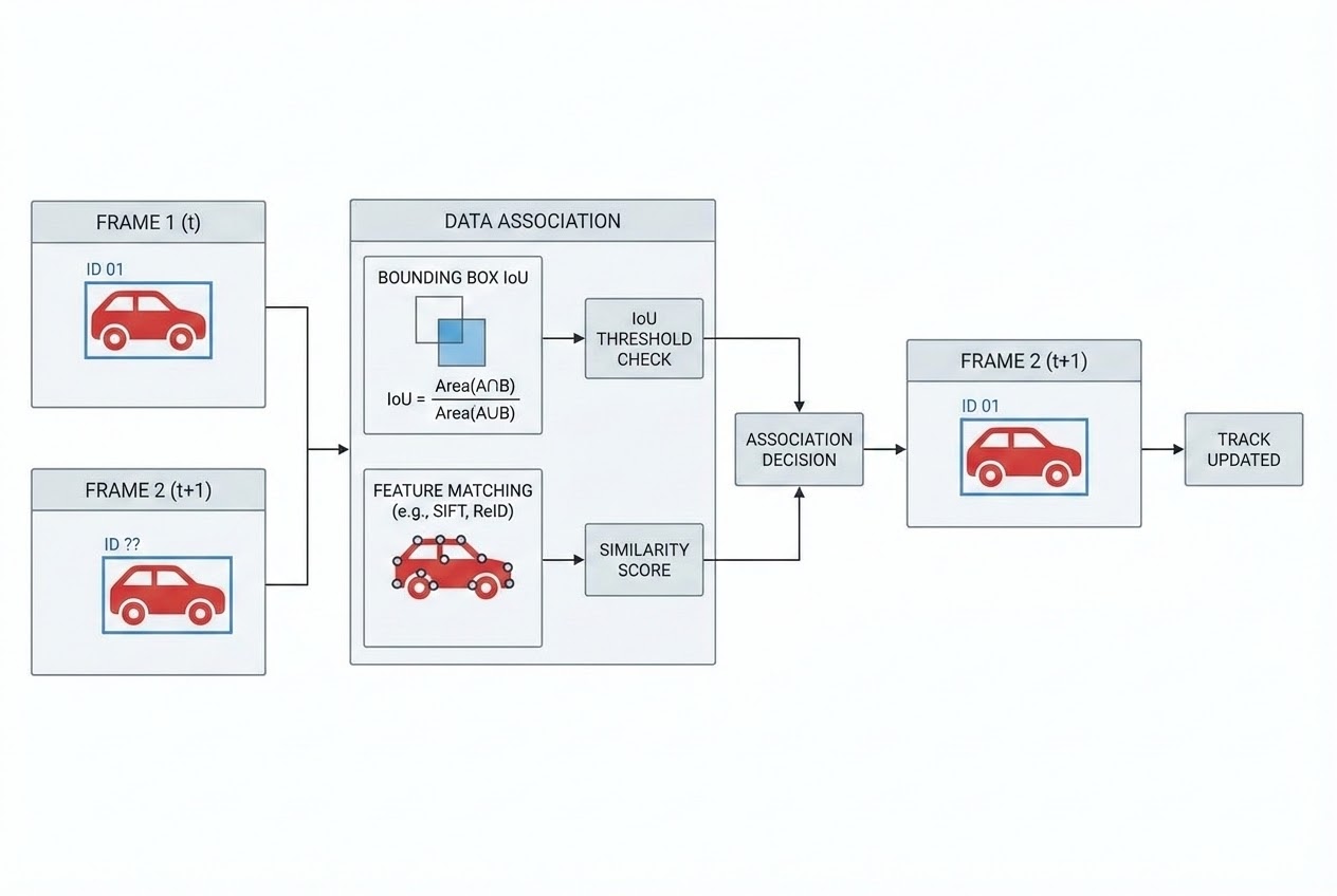 แผนภาพแสดงการทำ Data Association จับคู่วัตถุระหว่างเฟรมที่ 1 และเฟรมที่ 2 ด้วย IoU และ Feature Matching