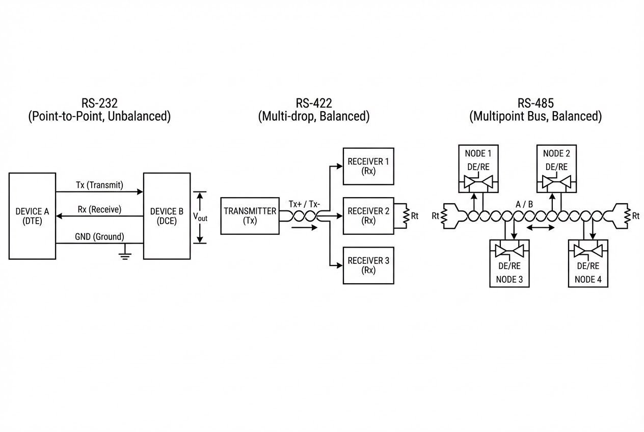 รูปประกอบเปรียบเทียบโครงสร้าง RS-232, RS-422 และ RS-485