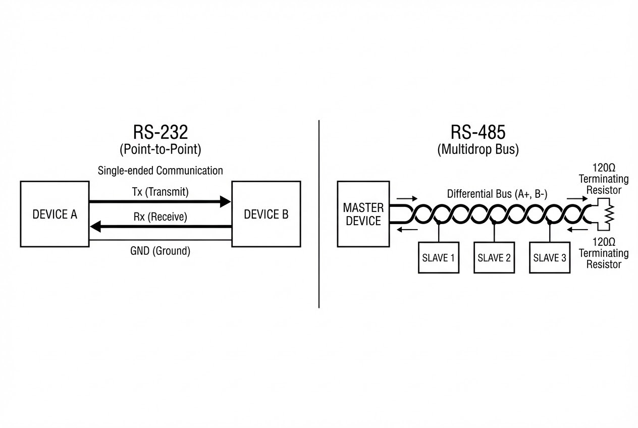 รูปประกอบเปรียบเทียบ Topology ของ RS-232 และ RS-485