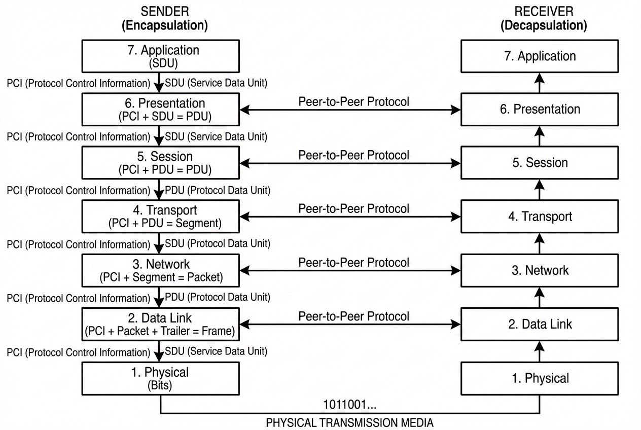 รูปประกอบสถาปัตยกรรม OSI Model 7 ชั้น และการทำ Encapsulation