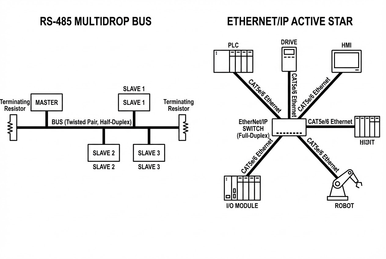 รูปประกอบเปรียบเทียบโครงสร้าง RS-485 และ EtherNet/IP