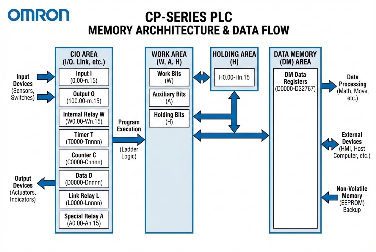 แผนผังเปรียบเทียบการทำงานของ CIO, W, H และ D Area ใน OMRON PLC