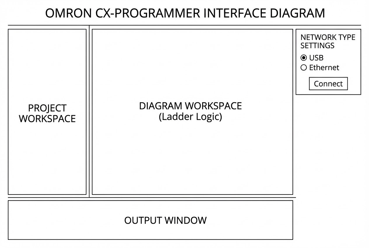 แผนผังหน้าต่างการทำงานของโปรแกรม CX-Programmer
