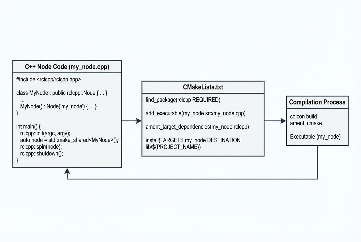 รูปประกอบโครงสร้าง ROS 2 C++ Node และ CMakeLists.txt