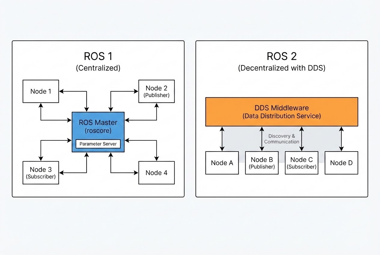 รูปประกอบเปรียบเทียบสถาปัตยกรรม ROS 1 กับ ROS 2