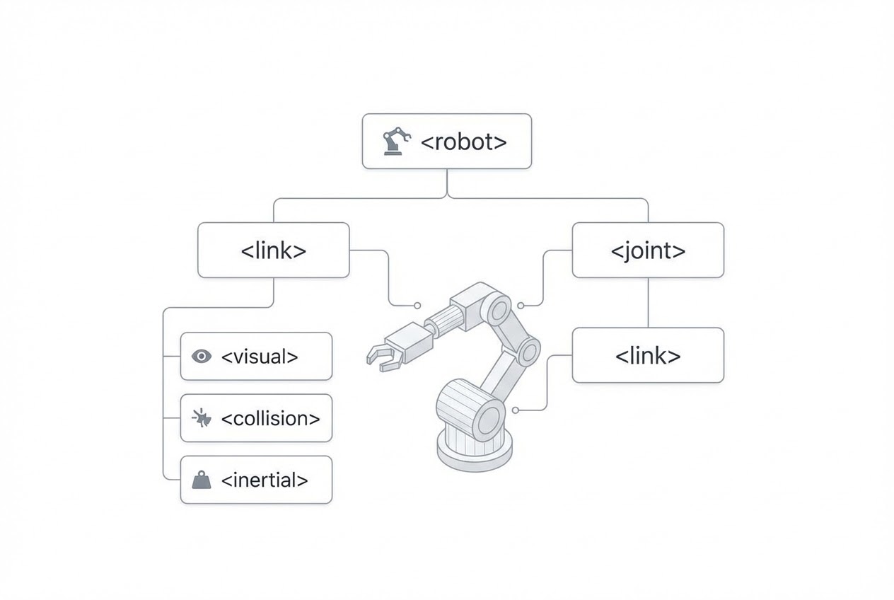 รูปประกอบโครงสร้าง URDF: Link, Joint, Visual, Collision, Inertial