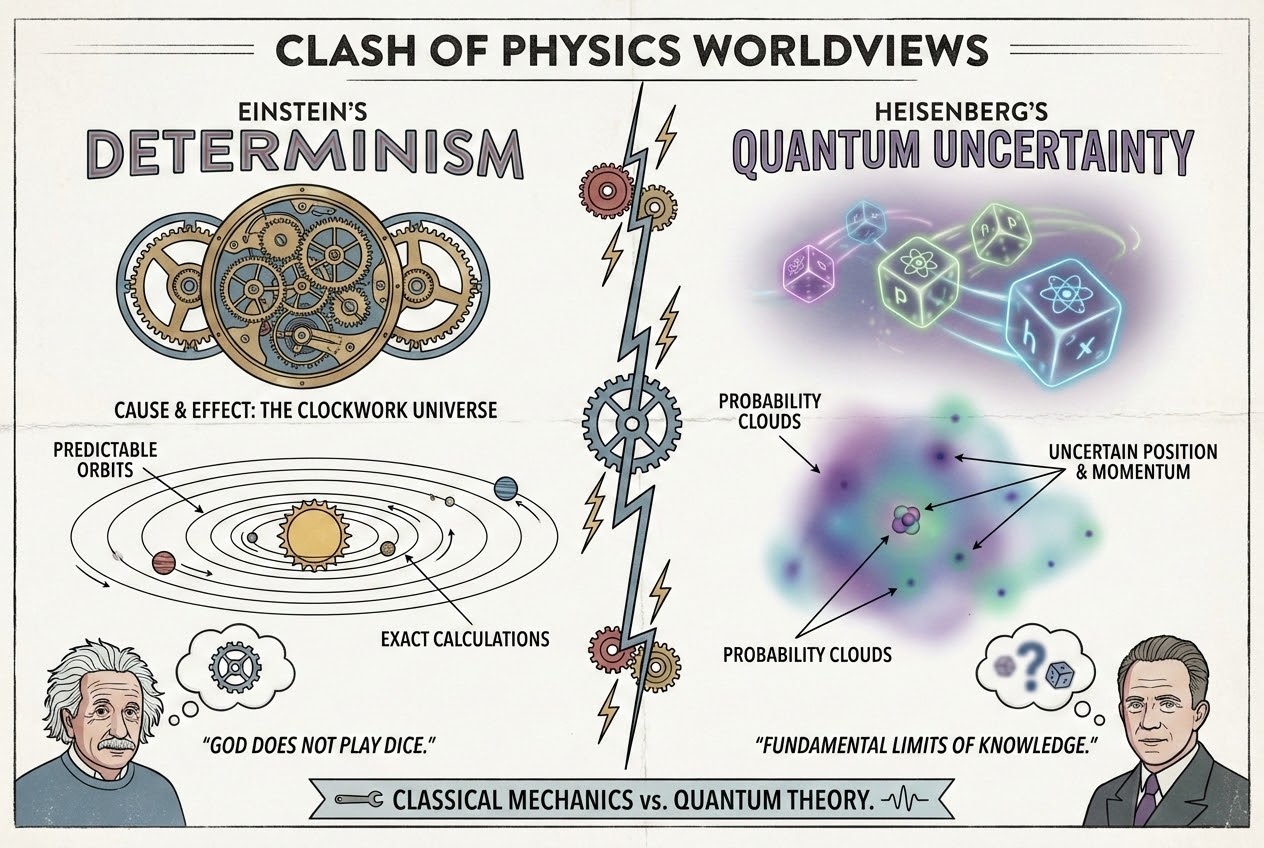 แผนภาพเปรียบเทียบแนวคิด Determinism ของไอน์สไตน์ และ Probability ของไฮเซนแบร์ก