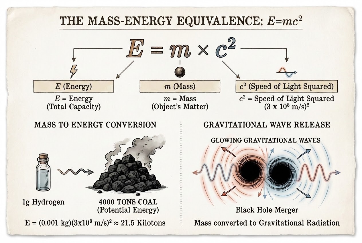 รูปประกอบ แผนภาพอธิบาย E=mc² และการเปลี่ยนมวลเป็นพลังงาน