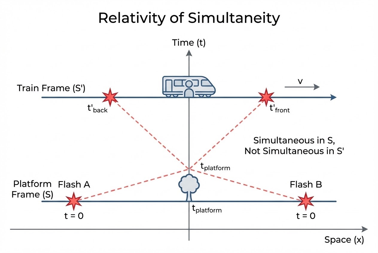 แผนภาพแสดงความพร้อมกันที่สัมพัทธ์ระหว่างกรอบอ้างอิงรถไฟและชานชาลา