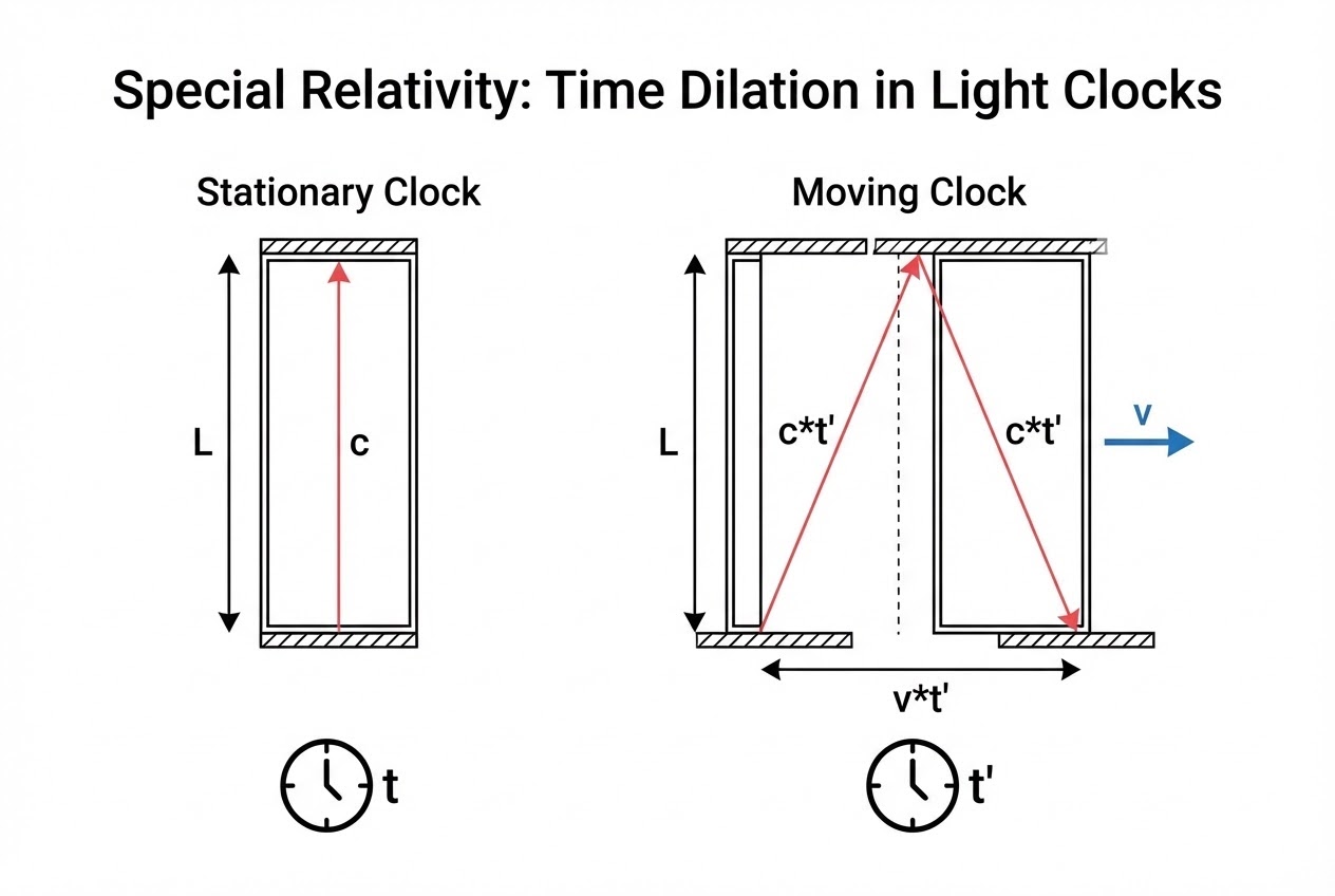 แผนภาพแสดงการทำงานของ Light Clock เปรียบเทียบระหว่างกรอบหยุดนิ่งและกรอบที่เคลื่อนที่
