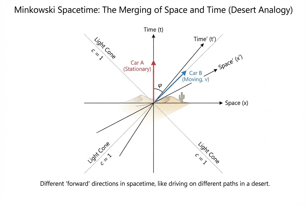 แผนภาพ Minkowski Diagram แสดงมิติของอวกาศและเวลาที่หลอมรวมกัน