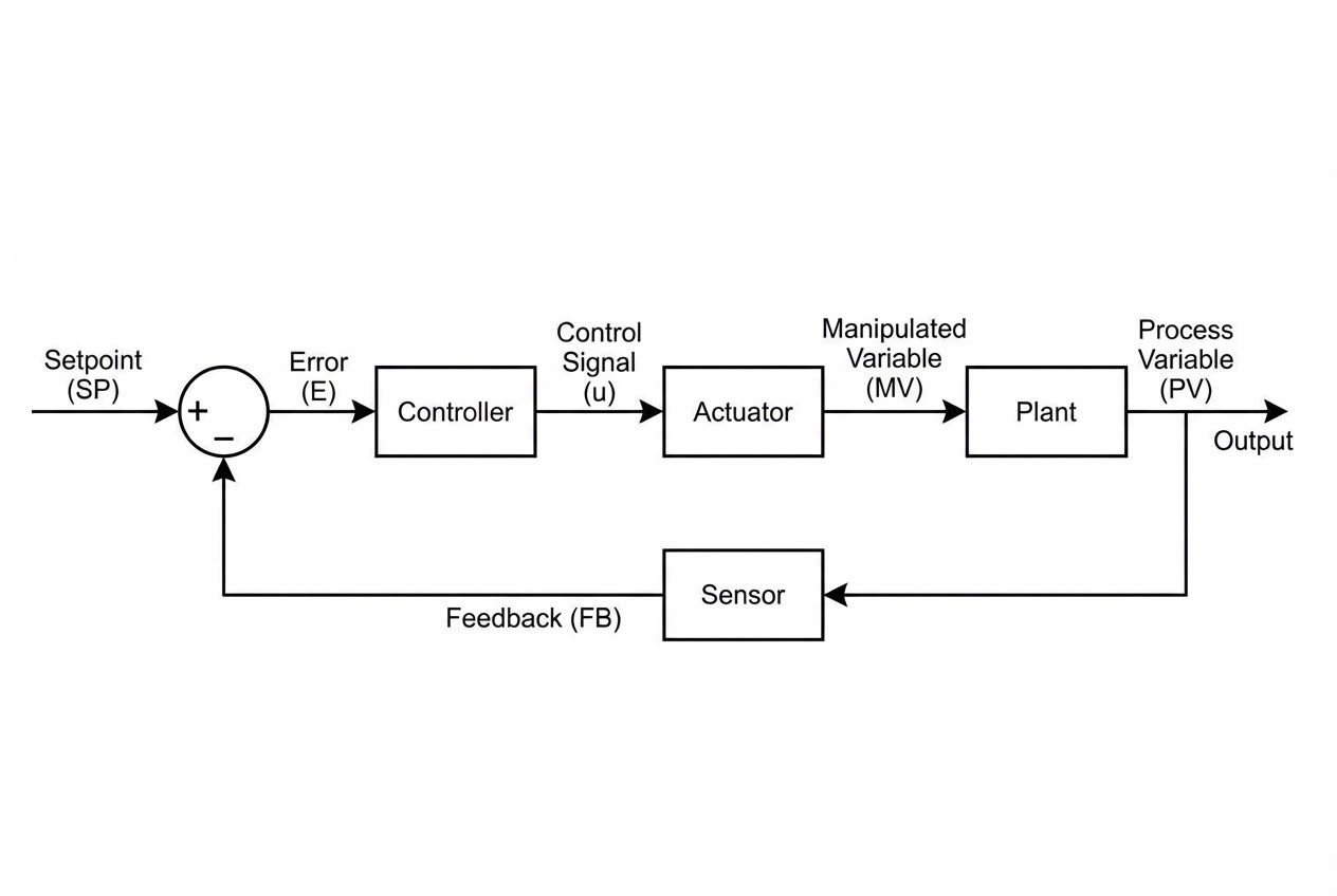 บล็อกไดอะแกรมมาตรฐานแสดงการทำงานร่วมกันของ Controller, Actuator, Plant และ Sensor