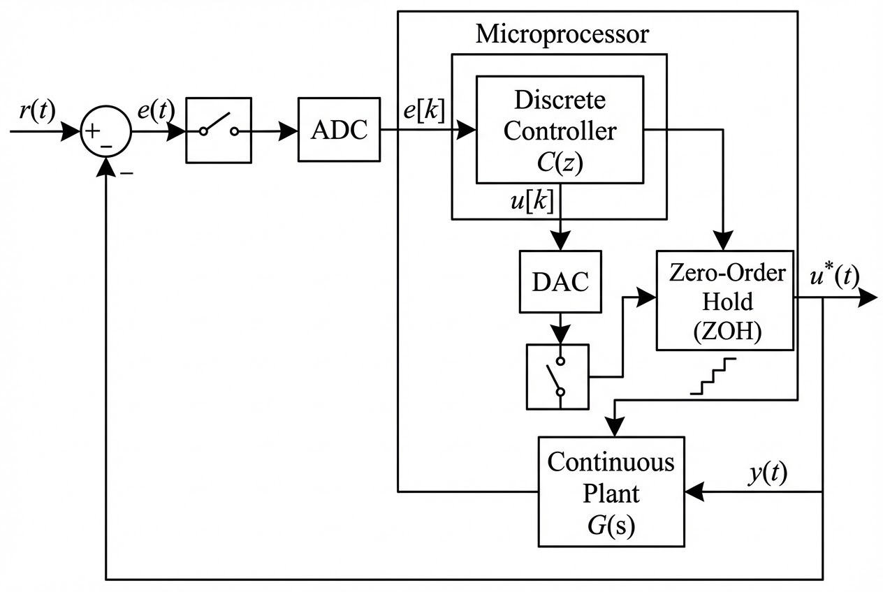 บล็อกไดอะแกรมแสดงโครงสร้างของ Digital Control System ที่มี ADC, DAC และ ZOH