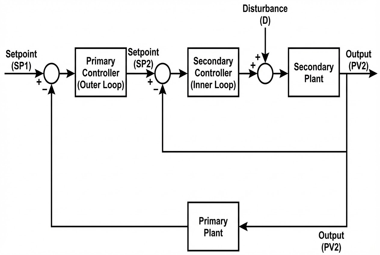 รูปประกอบบล็อกไดอะแกรมแสดงการทำงานของ Cascade Control ที่ประกอบด้วย Primary และ Secondary Loop