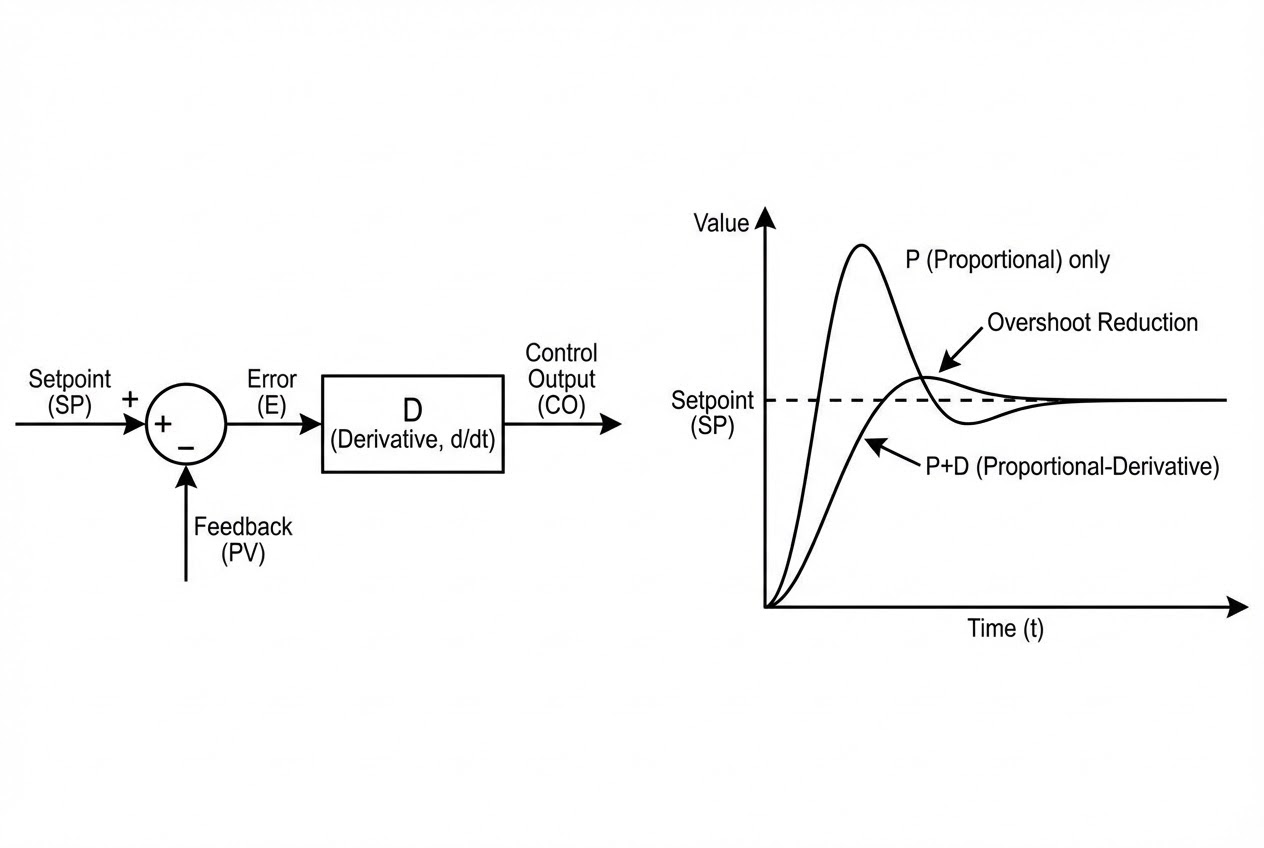 รูปประกอบบล็อกไดอะแกรมของ Derivative Control และกราฟลด Overshoot