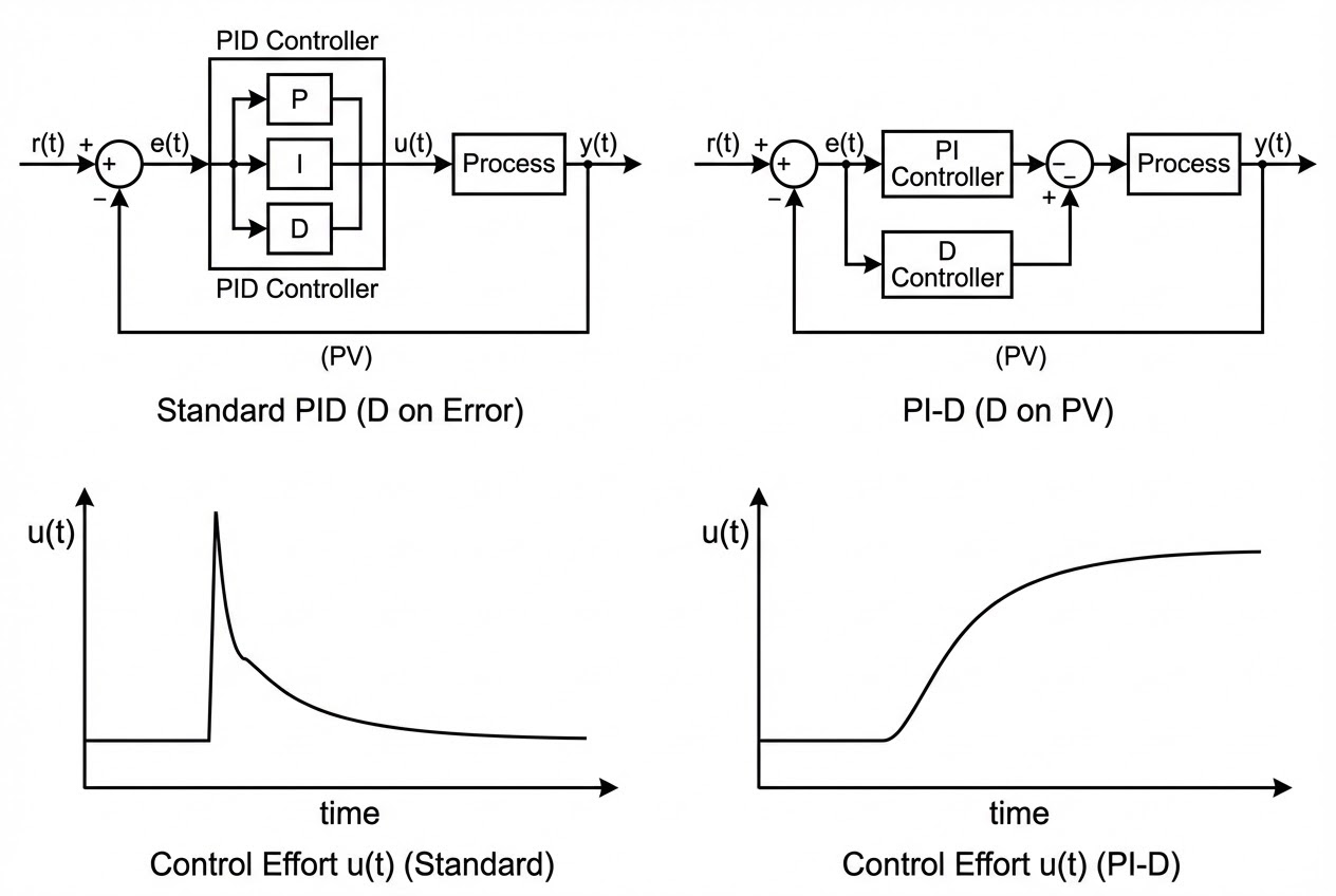 บล็อกไดอะแกรมเปรียบเทียบระหว่าง PID ปกติ และการวัดอนุพันธ์จาก PV (PI-D)