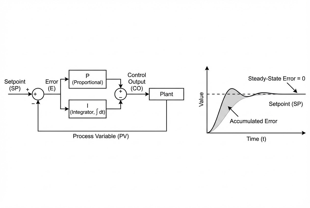 รูปประกอบบล็อกไดอะแกรมของ PI Control และกราฟการสะสมพื้นที่ใต้กราฟ
