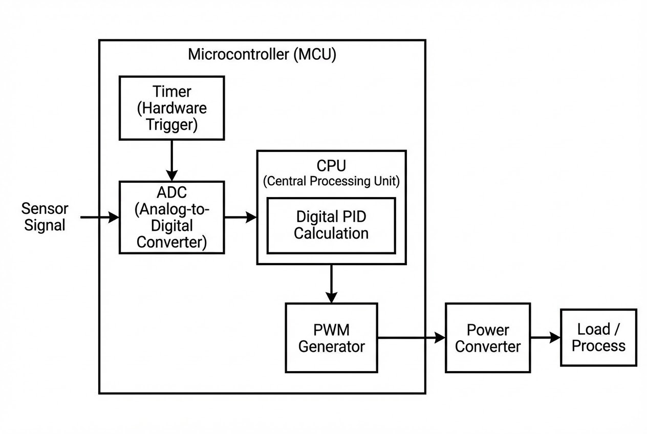 รูปประกอบบล็อกไดอะแกรมแสดงการทำงานร่วมกันของ Timer, ADC, CPU และ PWM ในไมโครคอนโทรลเลอร์