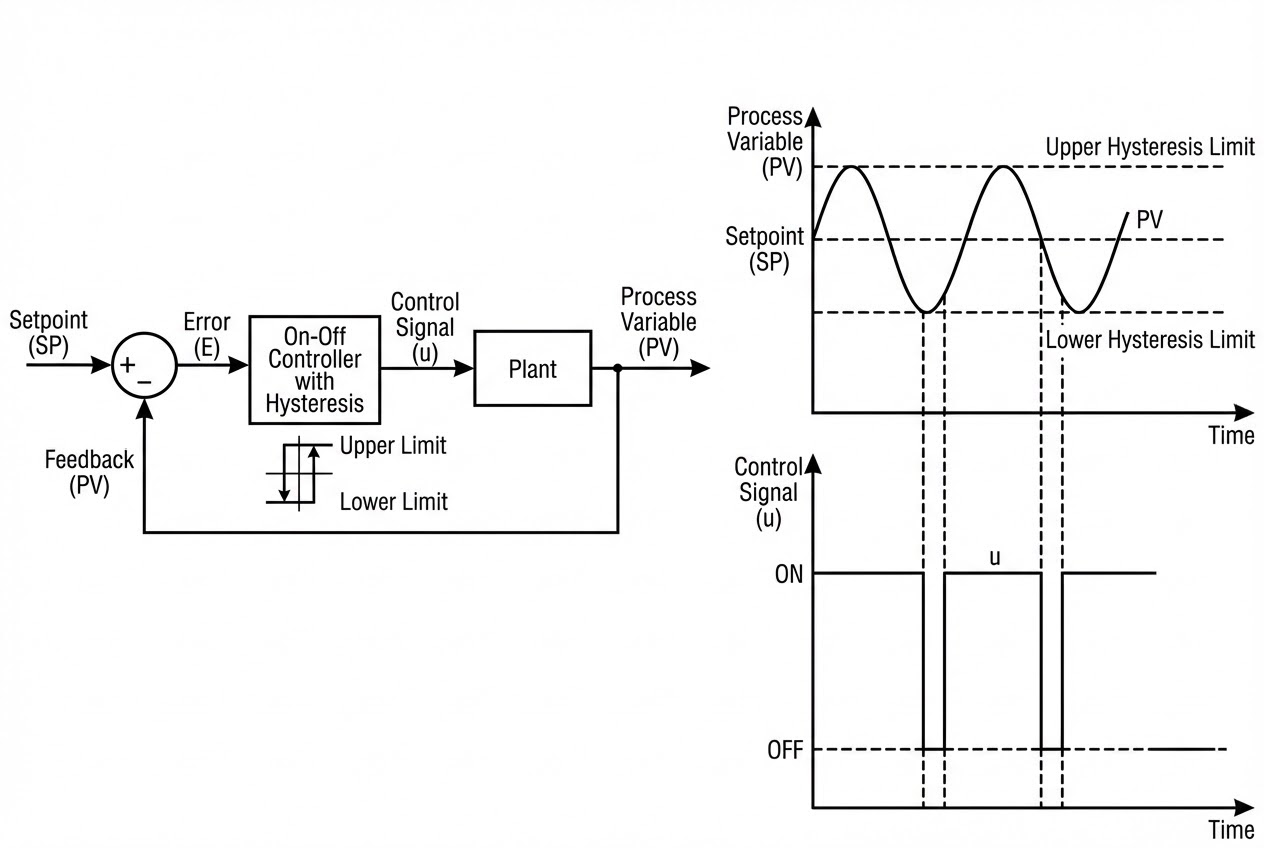 รูปประกอบกราฟแสดงการทำงานของ On-Off Control และ Hysteresis